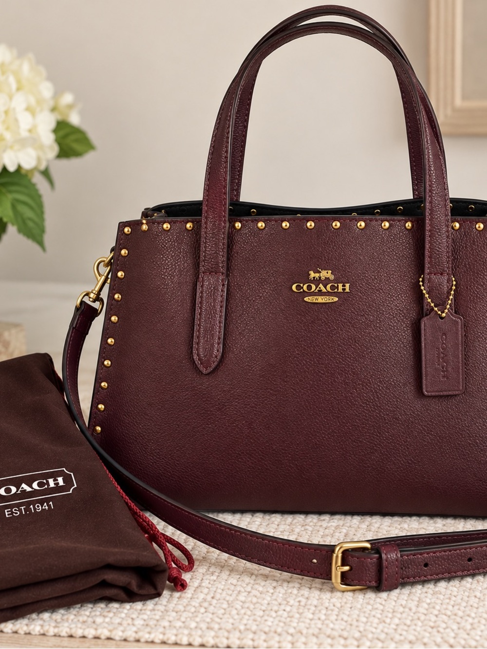 Coach Charlie Carryall Wine Burgundy Pebble Leather Gold Rivet Tote Crossbody - Picture 4 of 6